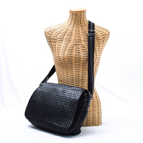Bottega Veneta Messenger Bag Woven Shoulder Crossbody Leather Black